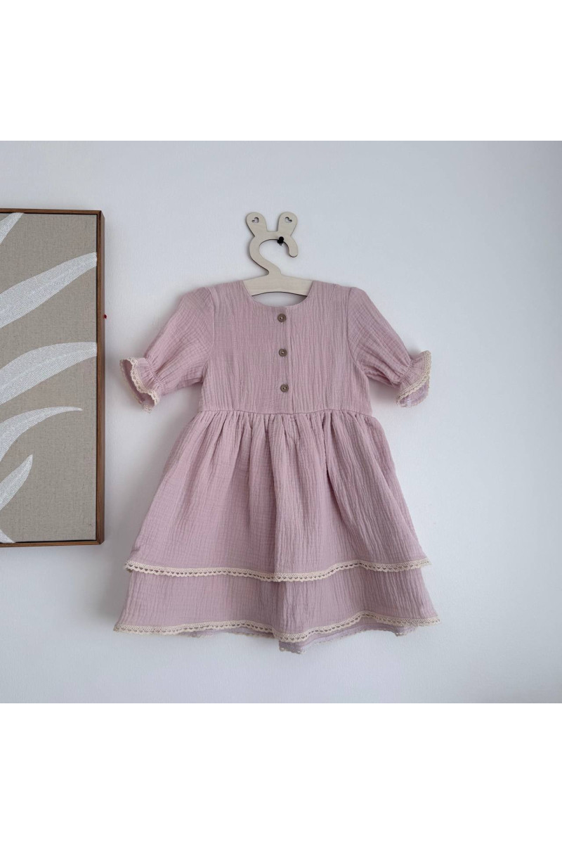 Robe bébé et enfant en mousseline avec col amovible rose-poudré – Taille 62 à 122
