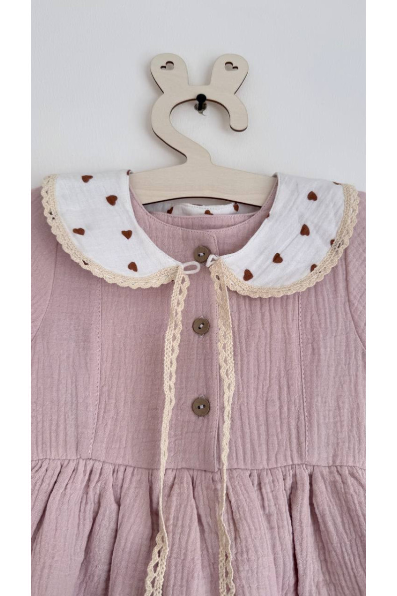 Robe bébé et enfant en mousseline avec col amovible rose-poudré – Taille 62 à 122
