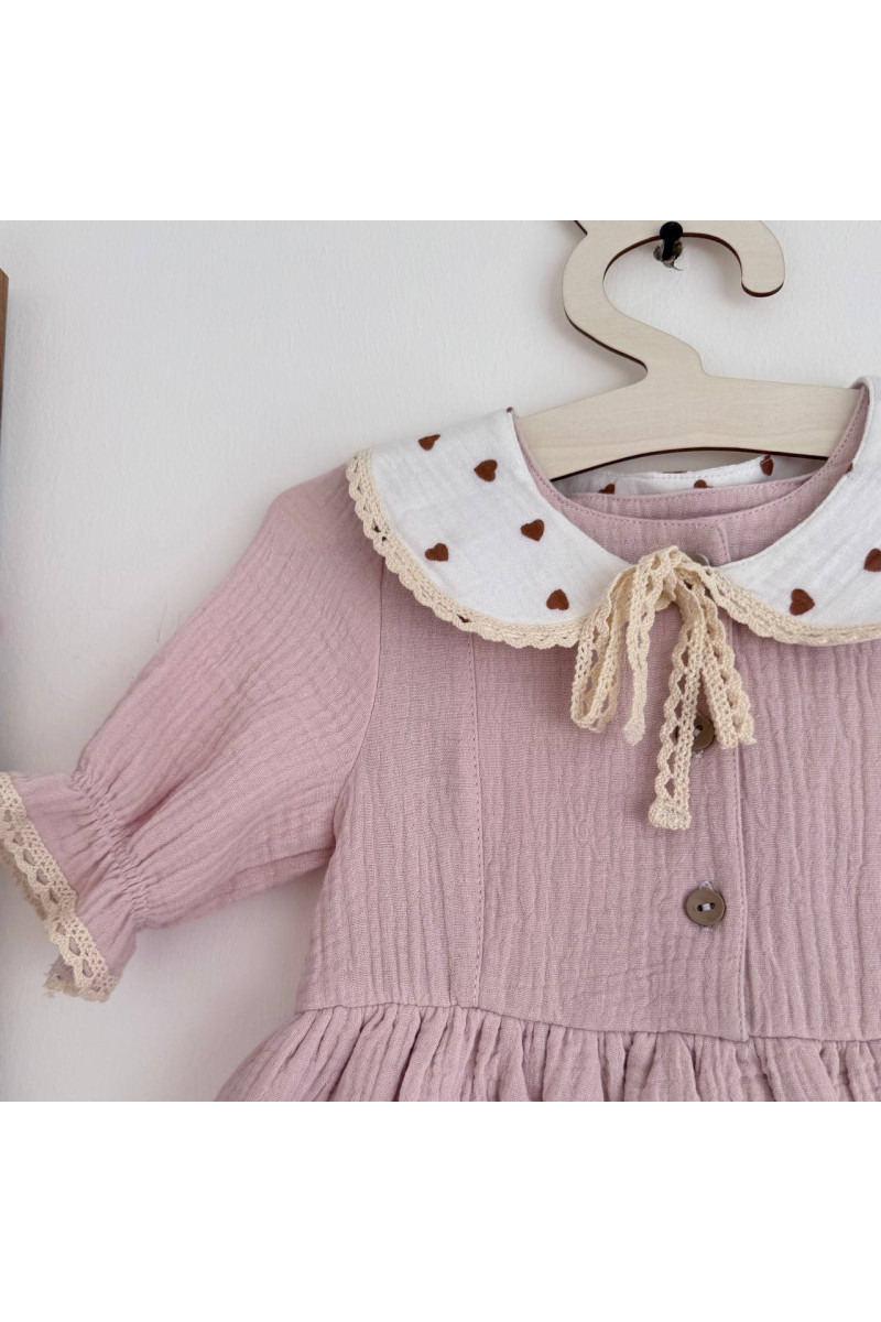 Robe bébé et enfant en mousseline avec col amovible rose-poudré – Taille 62 à 122