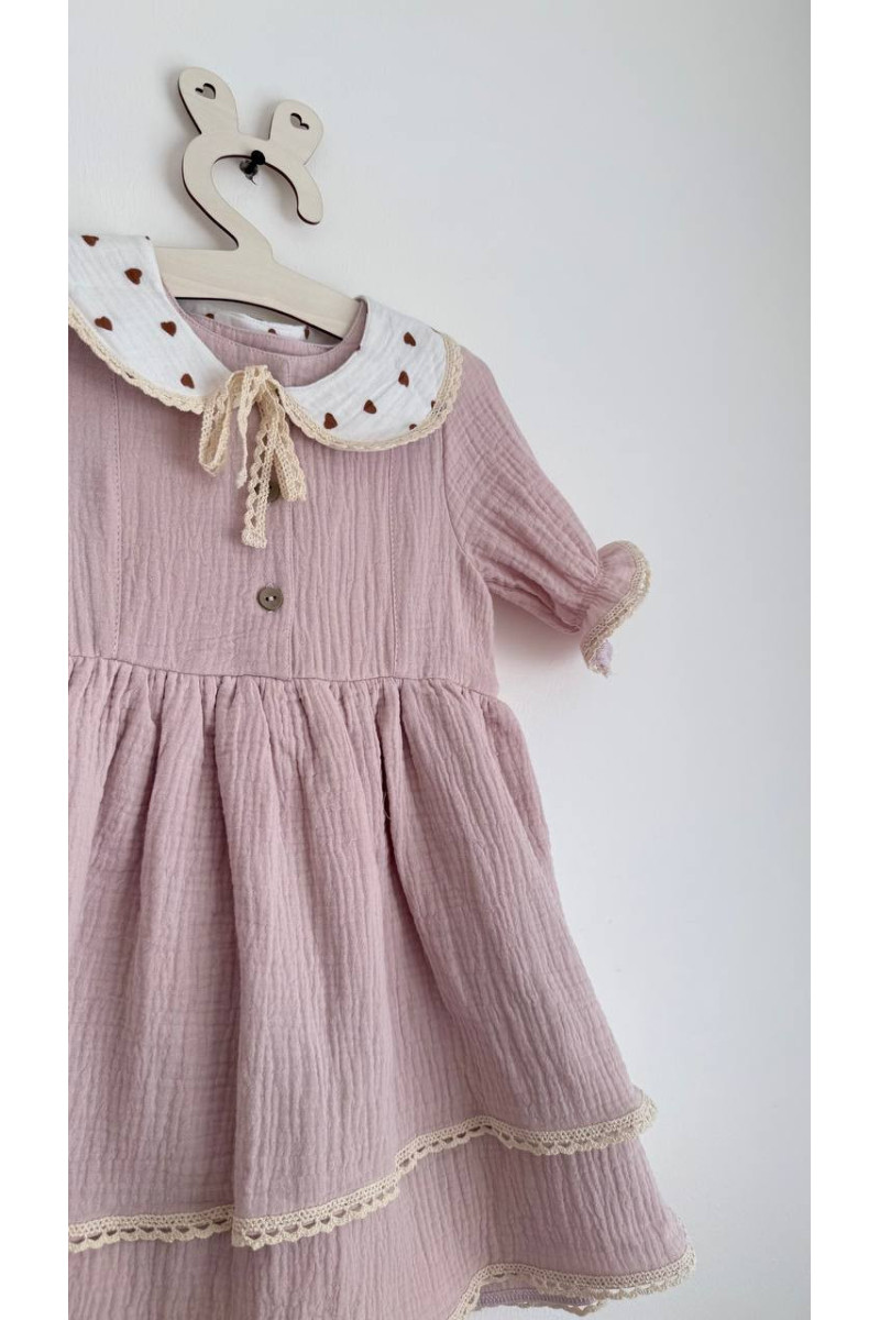 Robe bébé et enfant en mousseline avec col amovible rose-poudré – Taille 62 à 122