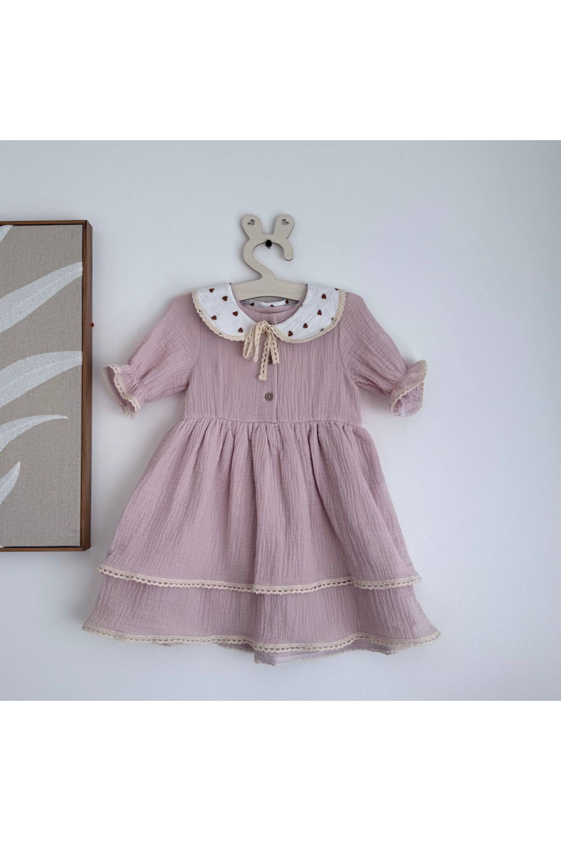 Robe bébé et enfant en mousseline avec col amovible rose-poudré – Taille 62 à 122