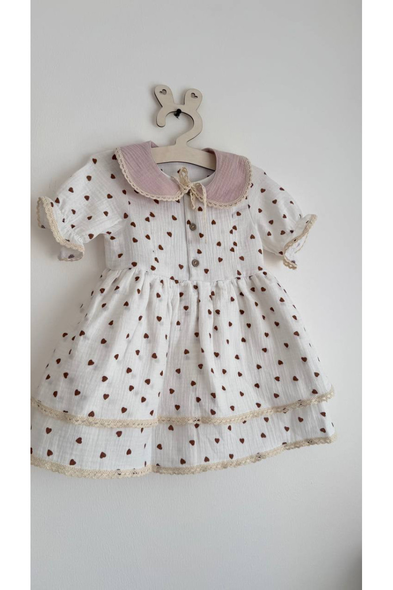 Robe bébé et enfant en mousseline avec col amovible cœur – Taille 62 à 122