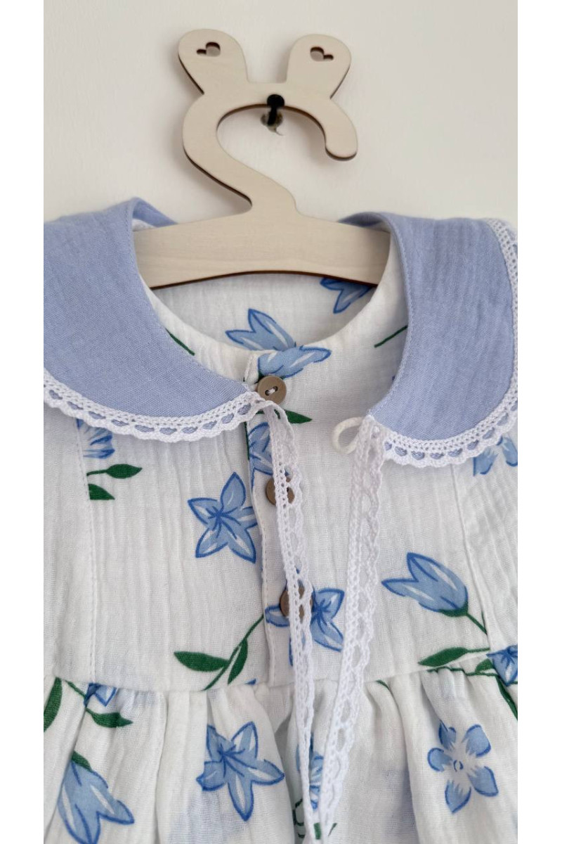 Robe bébé et enfant en mousseline avec col amovible fleurs – Taille 62 à 122