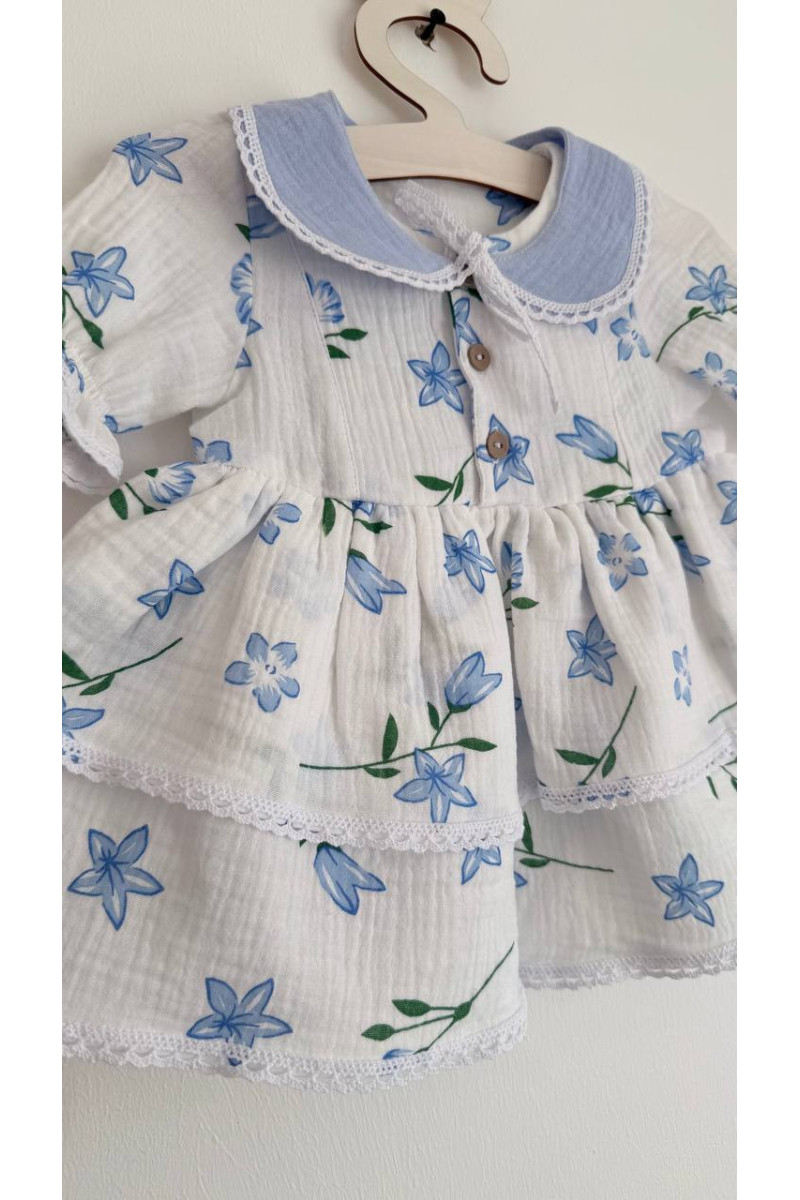Robe bébé et enfant en mousseline avec col amovible fleurs – Taille 62 à 122