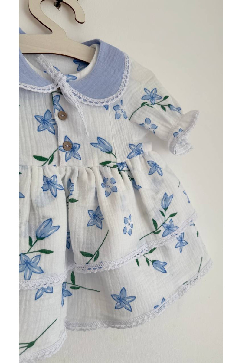 Robe bébé et enfant en mousseline avec col amovible fleurs – Taille 62 à 122