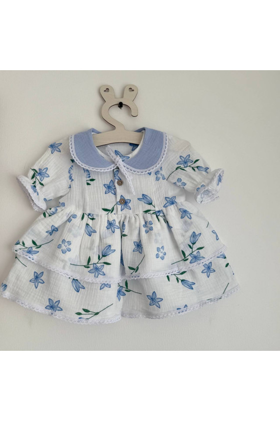 Robe bébé et enfant en mousseline avec col amovible fleurs – Taille 62 à 122