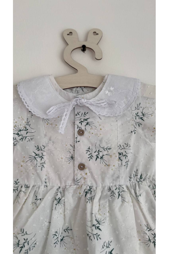 Robe bébé et enfant en batiste avec col amovible  fleurs sur blanc – Taille 62 à 122
