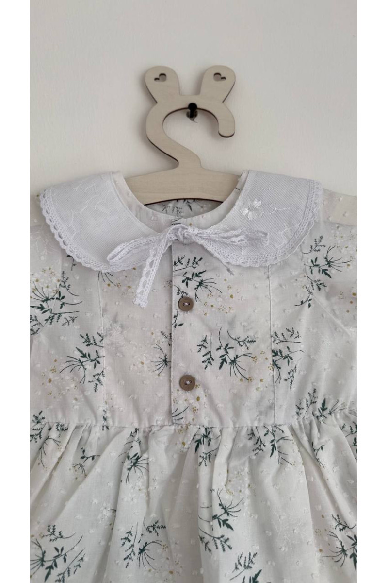 Robe bébé et enfant en batiste avec col amovible  fleurs sur blanc – Taille 62 à 122