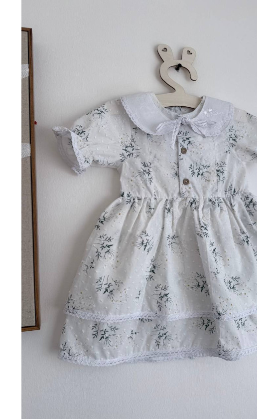 Robe bébé et enfant en batiste avec col amovible  fleurs sur blanc – Taille 62 à 122