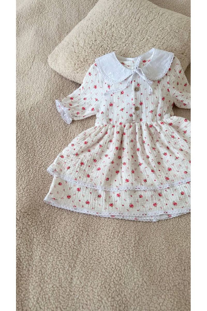 Robe bébé et enfant en double gaze de coton avec col amovible  fleurs  – Taille 62 à 122