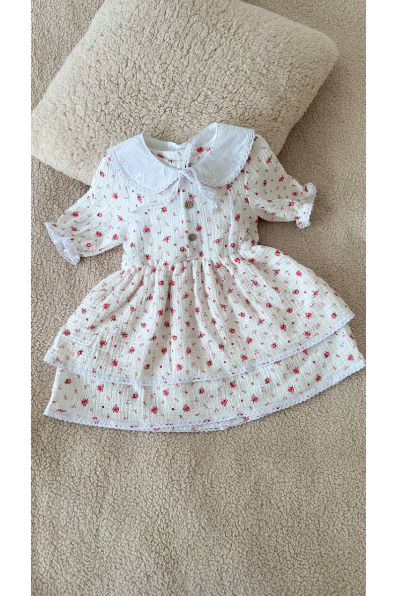 Robe bébé et enfant en double gaze de coton avec col amovible  fleurs  – Taille 62 à 122
