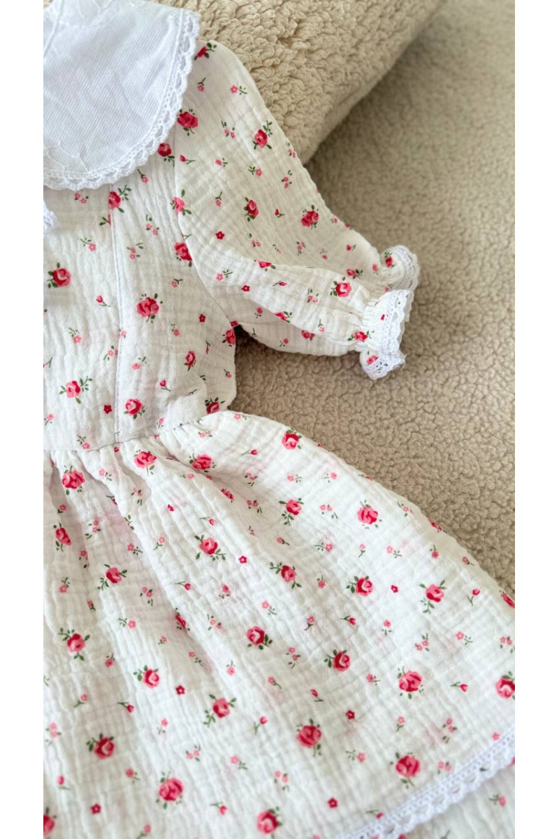 Robe bébé et enfant en double gaze de coton avec col amovible  fleurs  – Taille 62 à 122