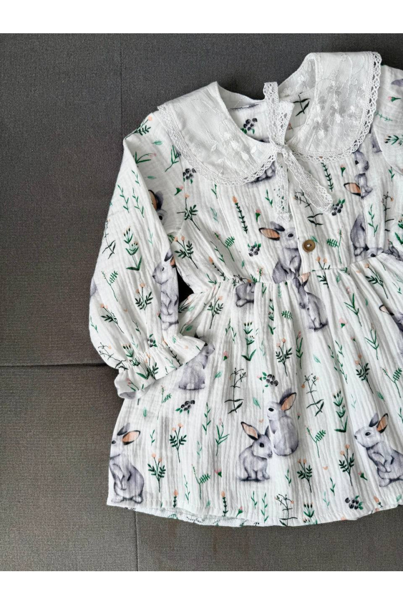 Robe bébé et enfant en double gaze de coton avec col amovible – motif lapins – manches longues