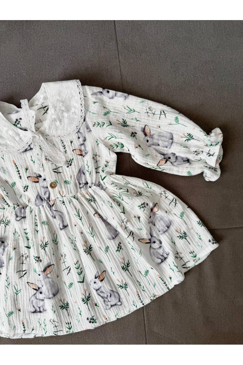 Robe bébé et enfant en double gaze de coton avec col amovible – motif lapins – manches longues