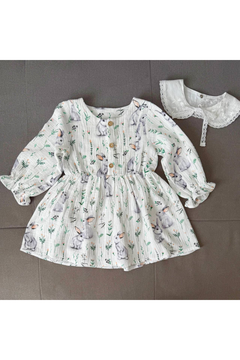 Robe bébé et enfant en double gaze de coton avec col amovible – motif lapins – manches longues