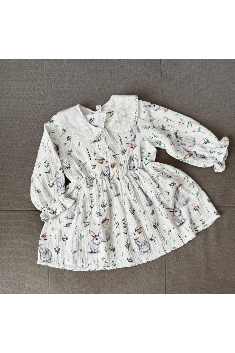 Robe bébé et enfant en double gaze de coton avec col amovible – motif lapins – manches longues