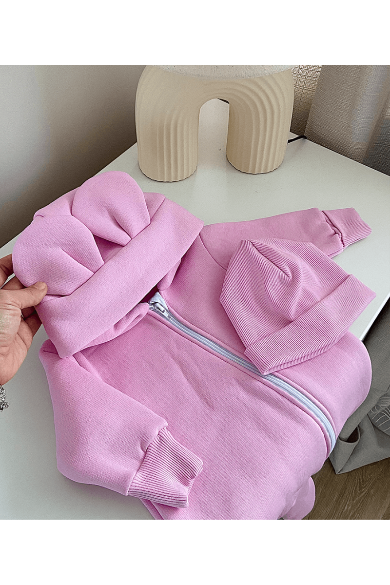 COMBI-PILOTE "MICKEY" AVEC CAPUCHE EN TISSU ROSE DOUBLÉ DE POLAIRE 80-98