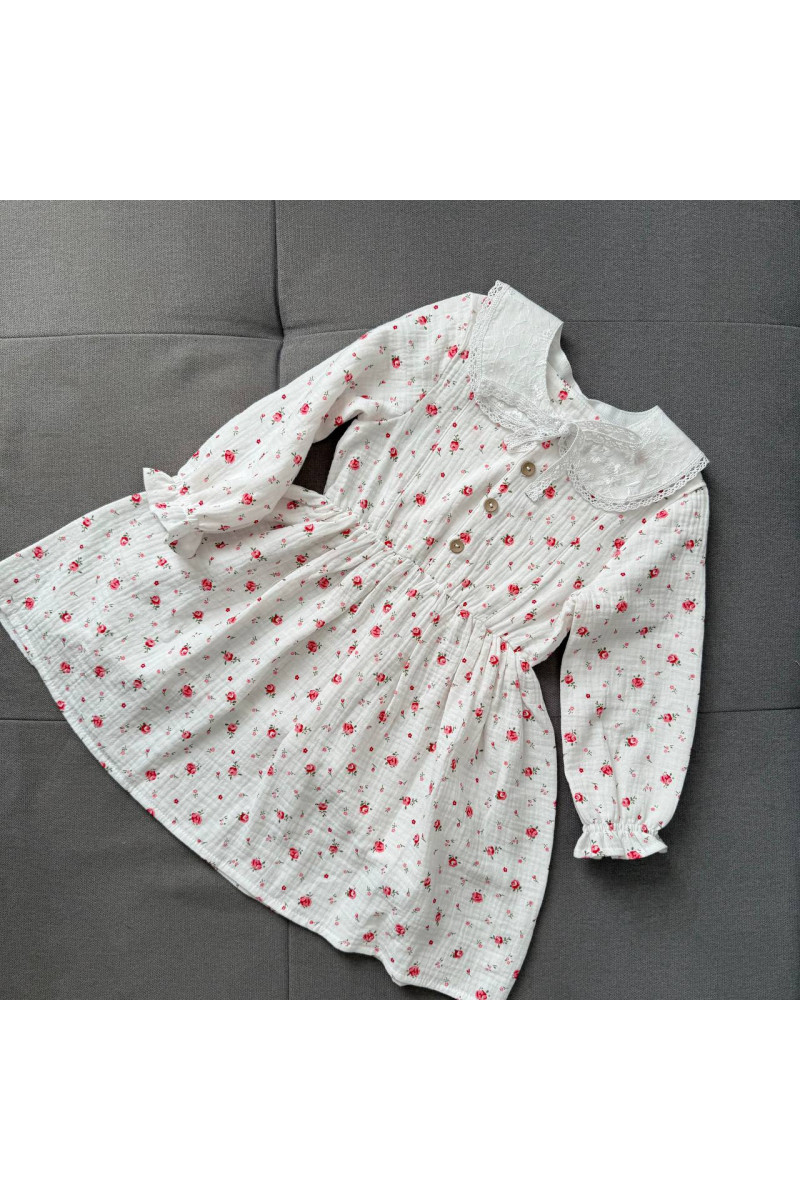 Robe bébé et enfant en double gaze de coton avec col amovible  fleurs  – manche longe