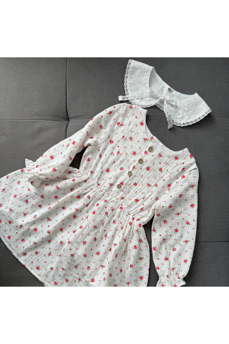 Robe bébé et enfant en double gaze de coton avec col amovible  fleurs  – manche longe