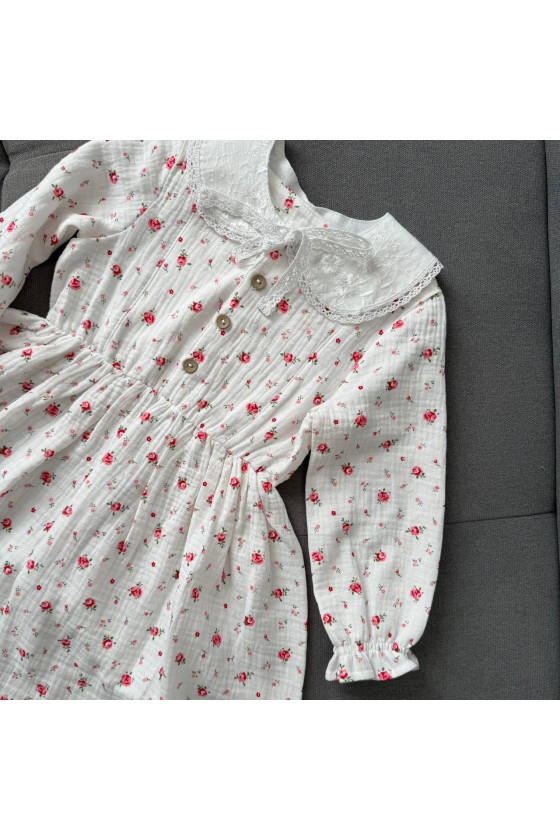 Robe bébé et enfant en double gaze de coton avec col amovible  fleurs  – manche longe
