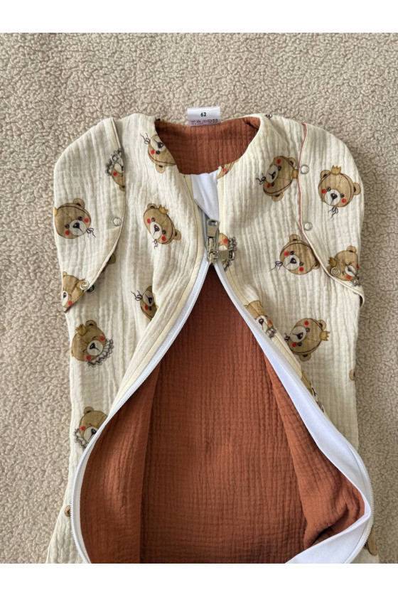 Gigoteuse emmaillotage bébé TOG 1.0 en double gaze de coton  imprimé ours en cream – Fait main