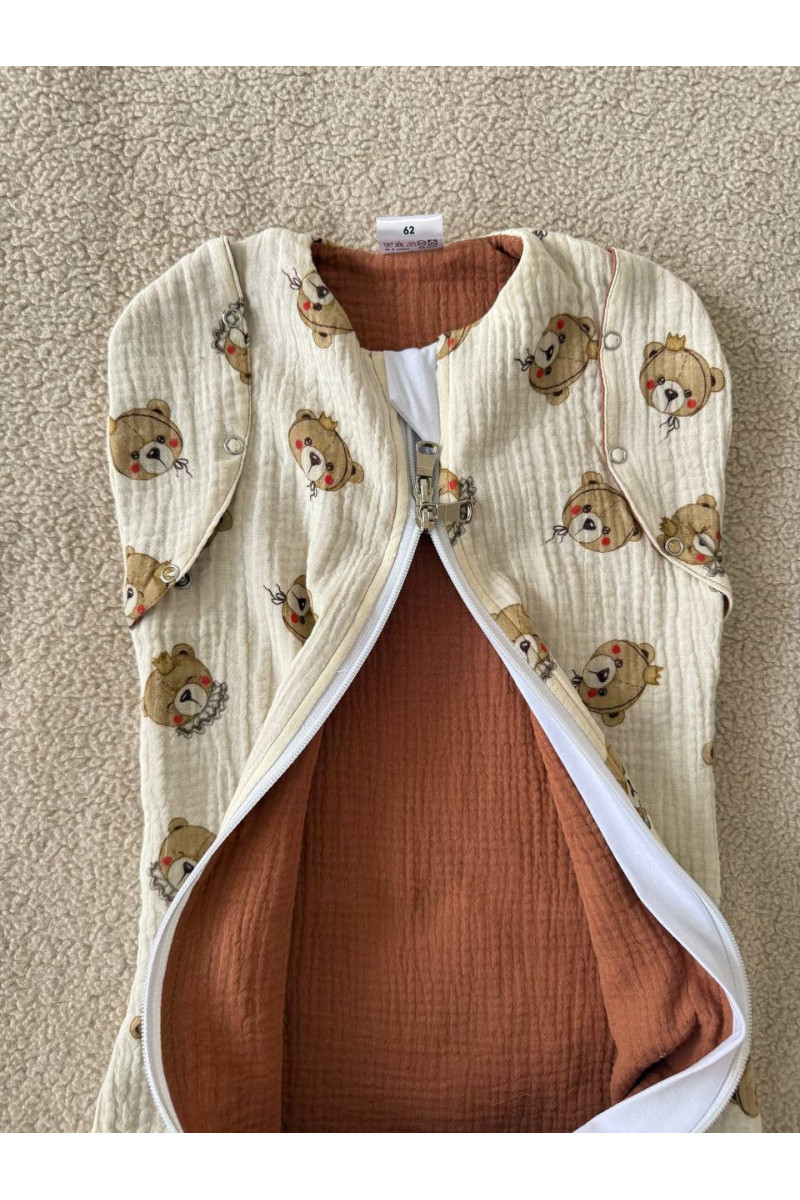 Gigoteuse emmaillotage bébé TOG 1.0 en double gaze de coton  imprimé ours en cream – Fait main
