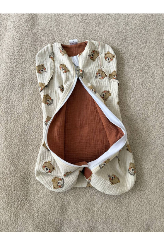 Gigoteuse emmaillotage bébé TOG 1.0 en double gaze de coton  imprimé ours en cream – Fait main