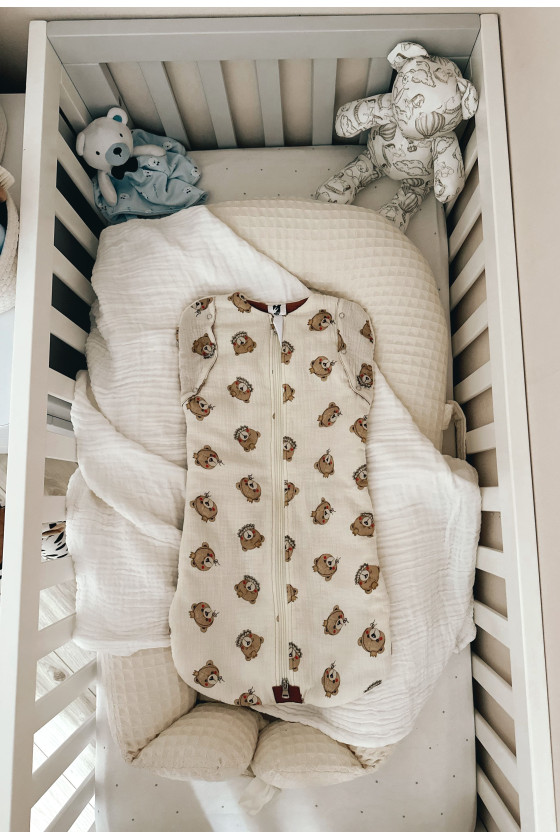 Gigoteuse emmaillotage  bébé TOG 2  en double gaze de coton  imprimé oursons en crème – Fait main