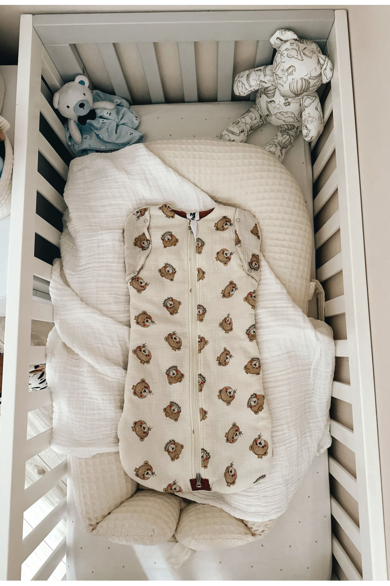 Gigoteuse emmaillotage  bébé TOG 2  en double gaze de coton  imprimé oursons en crème – Fait main