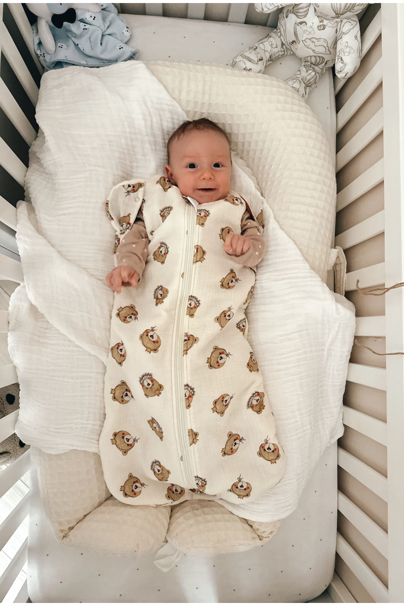 Gigoteuse emmaillotage  bébé TOG 2  en double gaze de coton  imprimé oursons en crème – Fait main