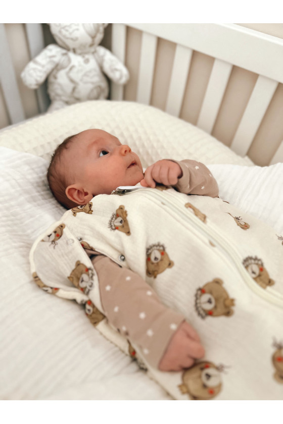 Gigoteuse emmaillotage  bébé TOG 2  en double gaze de coton  imprimé oursons en crème – Fait main