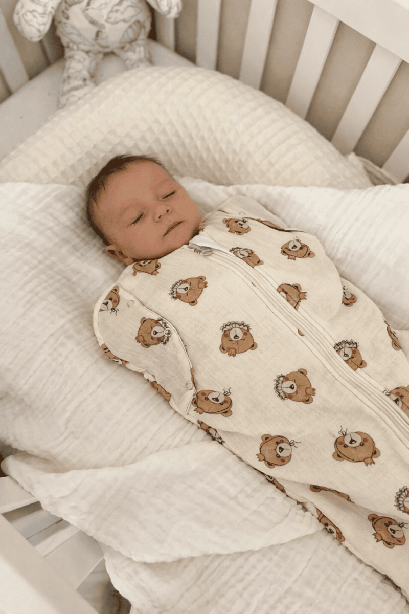 Gigoteuse emmaillotage  bébé TOG 2  en double gaze de coton  imprimé oursons en crème – Fait main