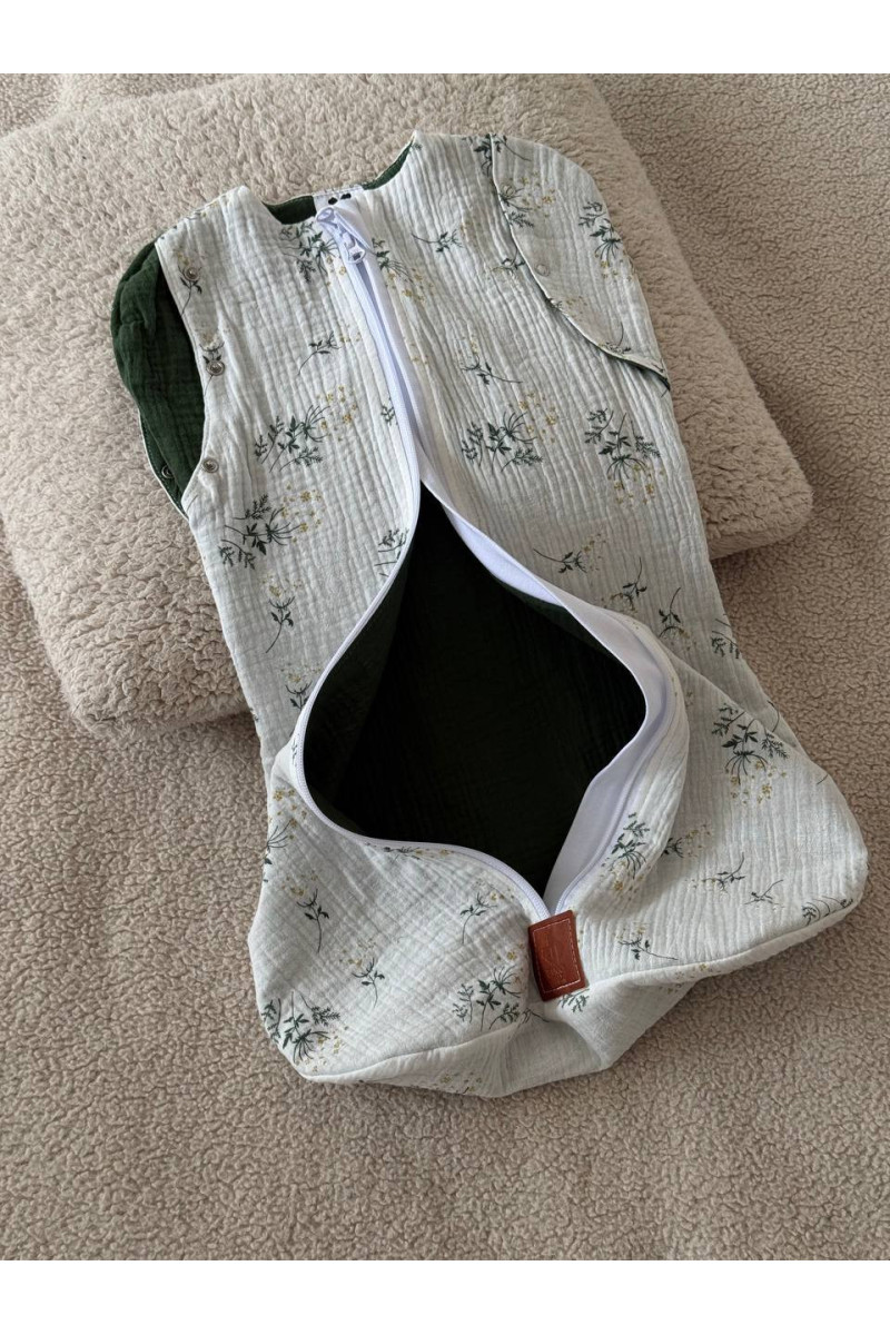 Gigoteuse emmaillotage bébé TOG 1.0 en double gaze de coton  imprimé fleurs vertes – Fait main