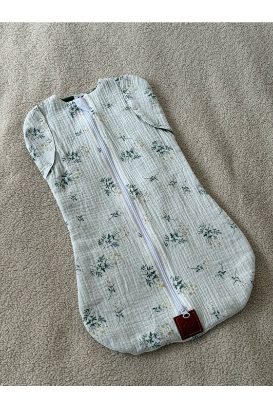 Gigoteuse emmaillotage bébé TOG 1.0 en double gaze de coton  imprimé fleurs vertes – Fait main