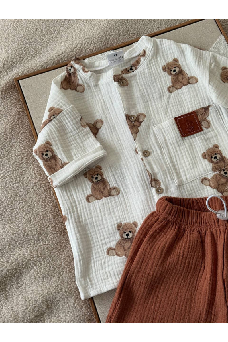 Chemise et short en mousseline (gaze de coton) pour bébé avec imprimé d'oursons