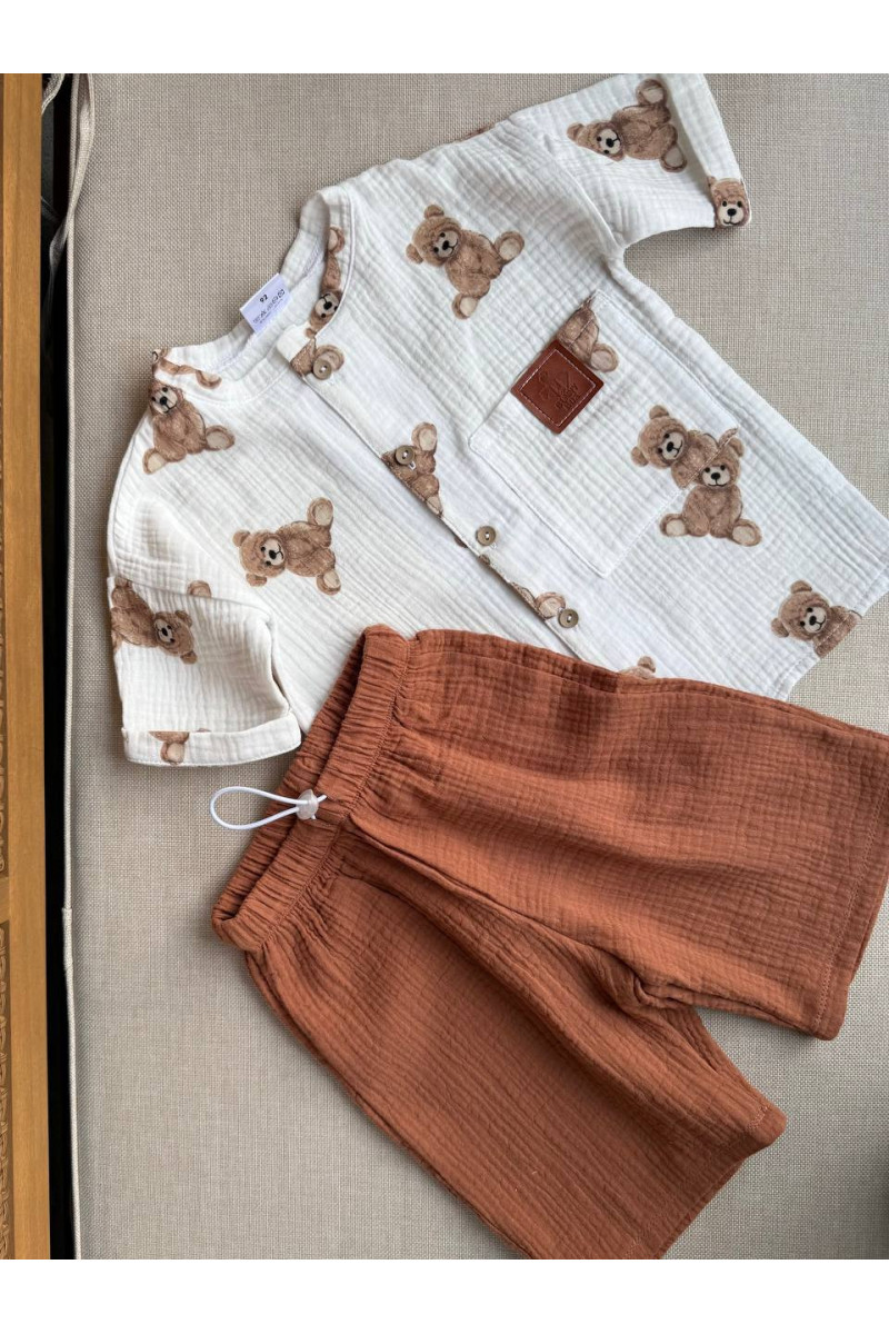 Chemise et short en mousseline (gaze de coton) pour bébé avec imprimé d'oursons