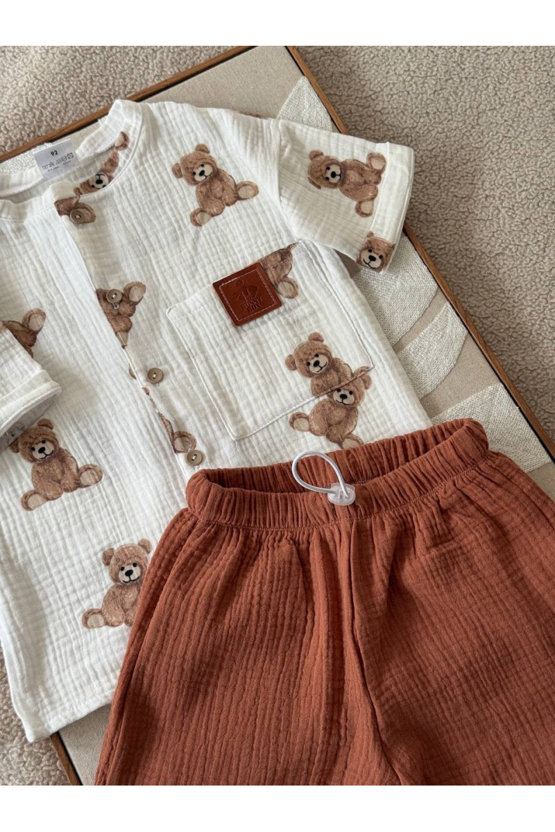 Chemise et short en mousseline (gaze de coton) pour bébé avec imprimé d'oursons