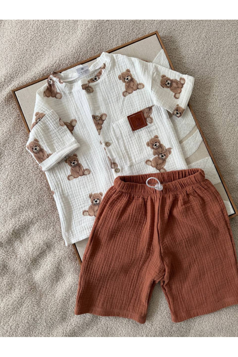 Chemise et short en mousseline (gaze de coton) pour bébé avec imprimé d'oursons