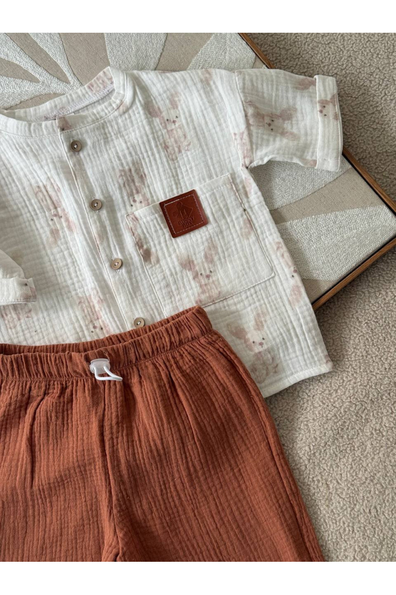 Chemise imprimé lapin  et short  marron en mousseline (gaze de coton) pour bébé