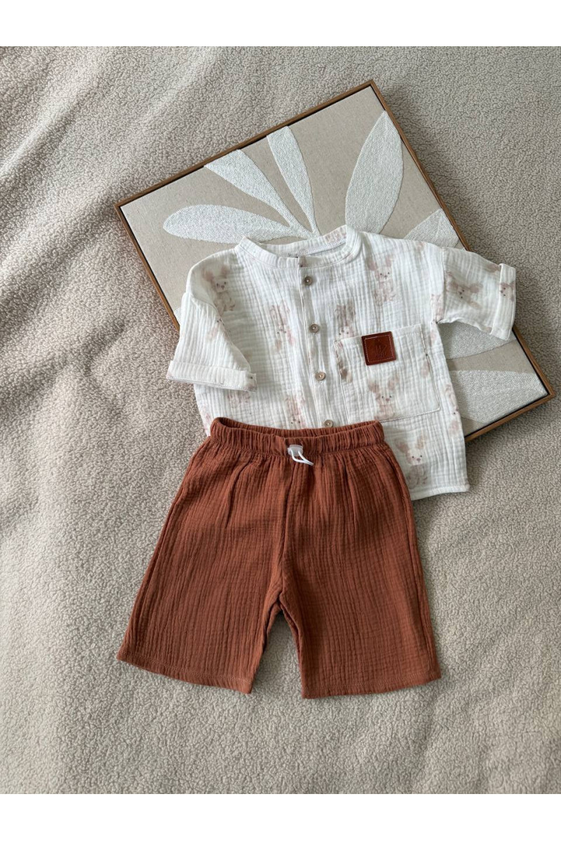 Chemise imprimé lapin  et short  marron en mousseline (gaze de coton) pour bébé