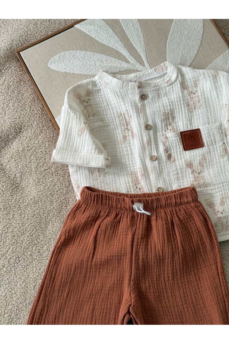 Chemise imprimé lapin  et short  marron en mousseline (gaze de coton) pour bébé