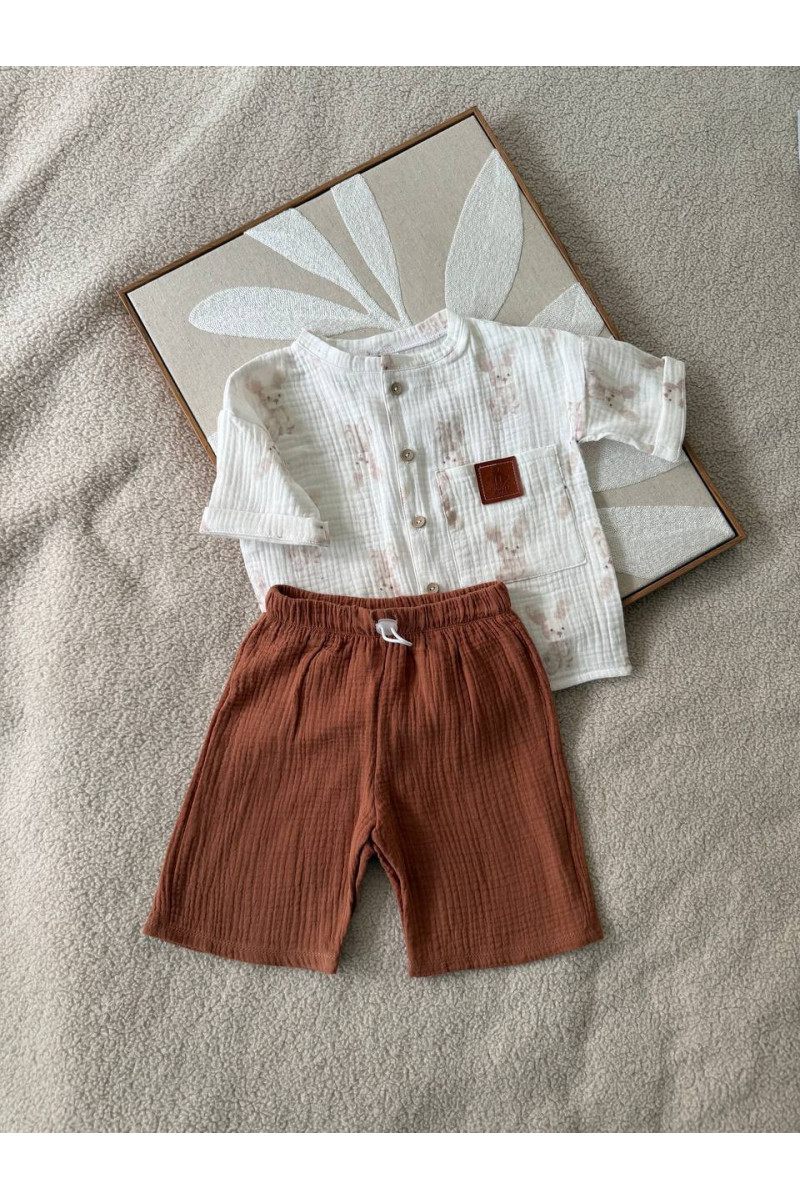 Chemise imprimé lapin  et short  marron en mousseline (gaze de coton) pour bébé