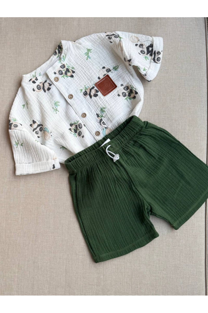 Chemise imprimé pamda et short vert en mousseline (gaze de coton) pour bébé
