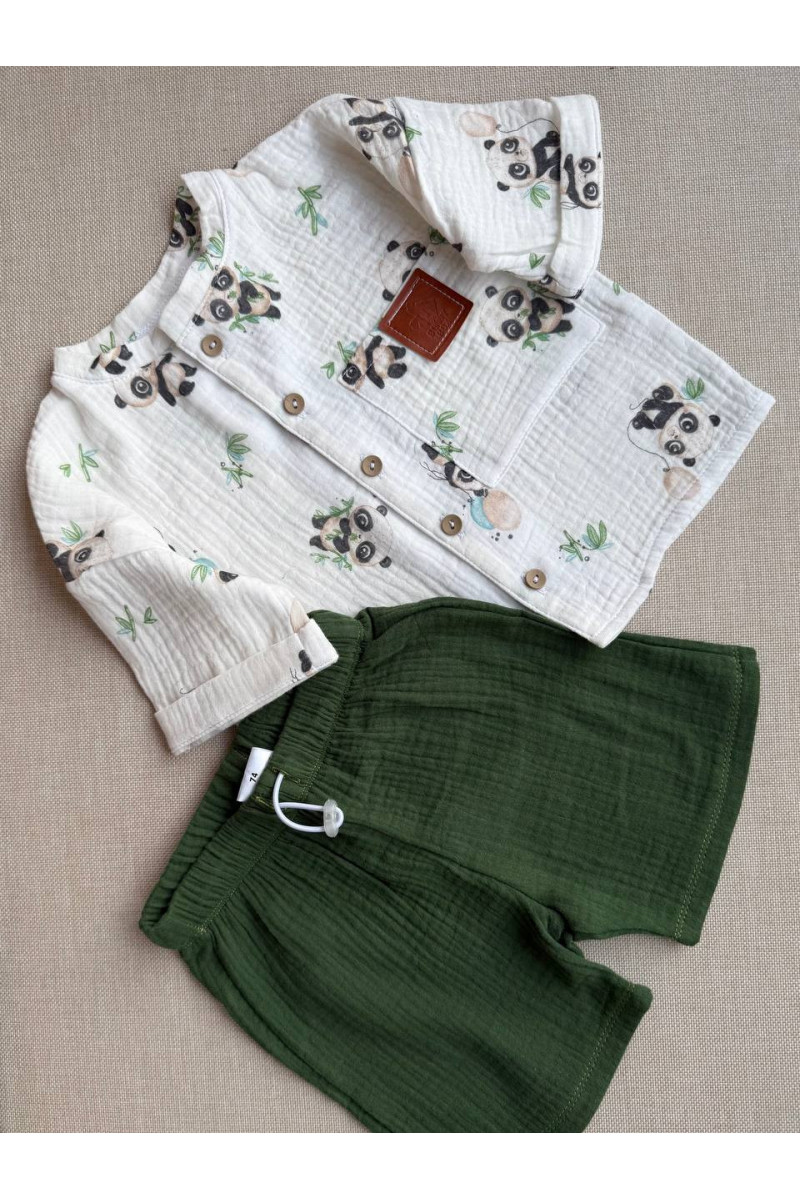 Chemise imprimé pamda et short vert en mousseline (gaze de coton) pour bébé