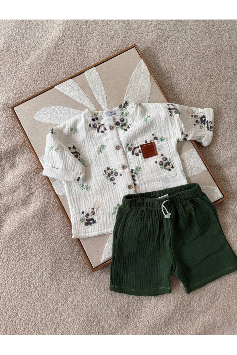 Chemise imprimé pamda et short vert en mousseline (gaze de coton) pour bébé