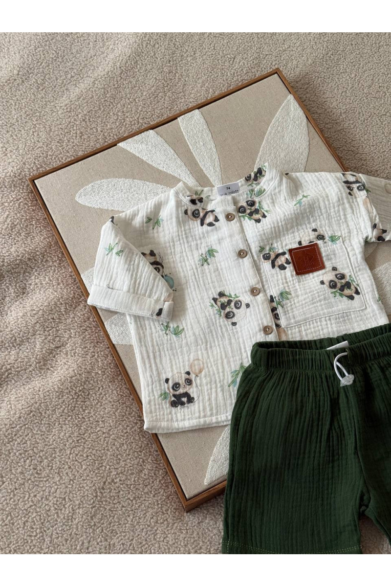 Chemise imprimé pamda et short vert en mousseline (gaze de coton) pour bébé