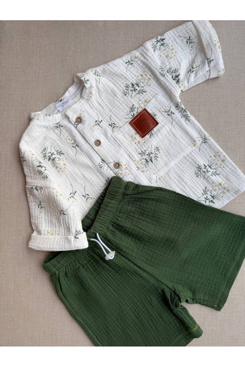 Chemise imprimé fleur short vert en mousseline (gaze de coton) pour bébé