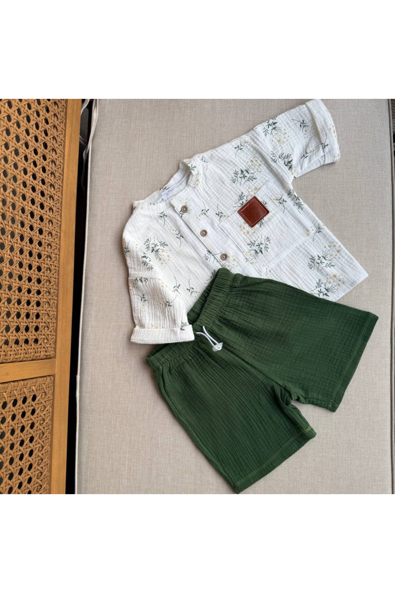 Chemise imprimé fleur short vert en mousseline (gaze de coton) pour bébé