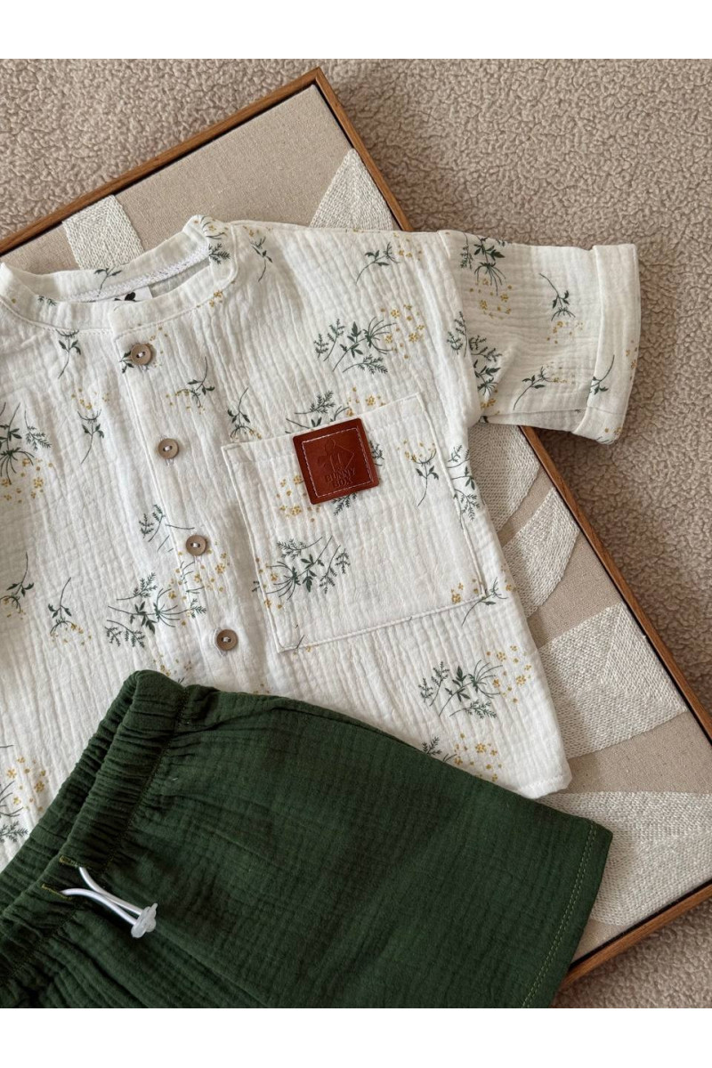 Chemise imprimé fleur short vert en mousseline (gaze de coton) pour bébé