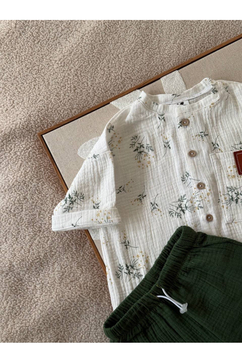Chemise imprimé fleur short vert en mousseline (gaze de coton) pour bébé